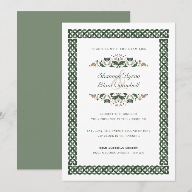 Convites Celtic Knot | Modern Floral Irish Wedding (Frente/Verso)