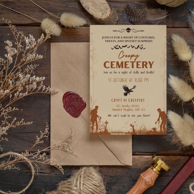 Convites Cemitério assustador marrom com sotaque Enfumaçado (Creepy Cemetery Brown with Smoky Black Accent Invitation Cover from The Beekeeper Store)