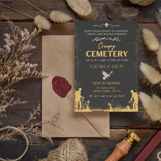 Convites Cemitério assustador preto e Dourado (Creepy Cemetery Black and Gold Invitation Cover from The Beekeeper Store)