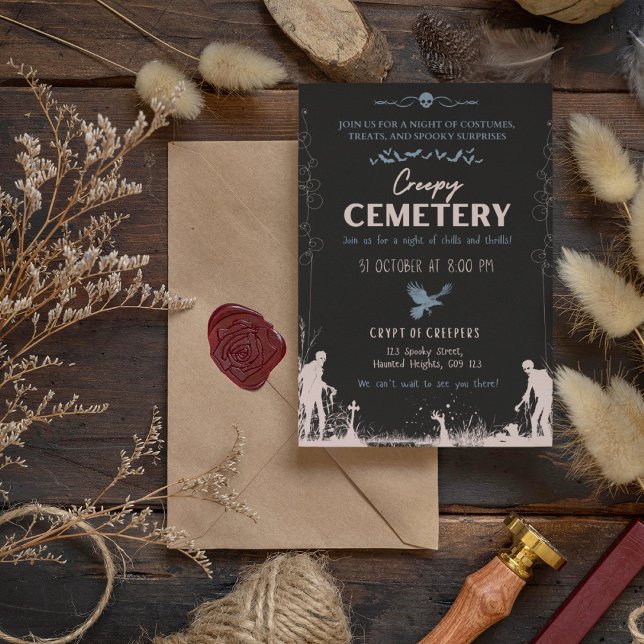 Convites Cemitério Assustador Vermelho com Destaque Azul (Creepy Cemetery Dusty Red with Blue Accent Invitation Cover from The Beekeeper Store)