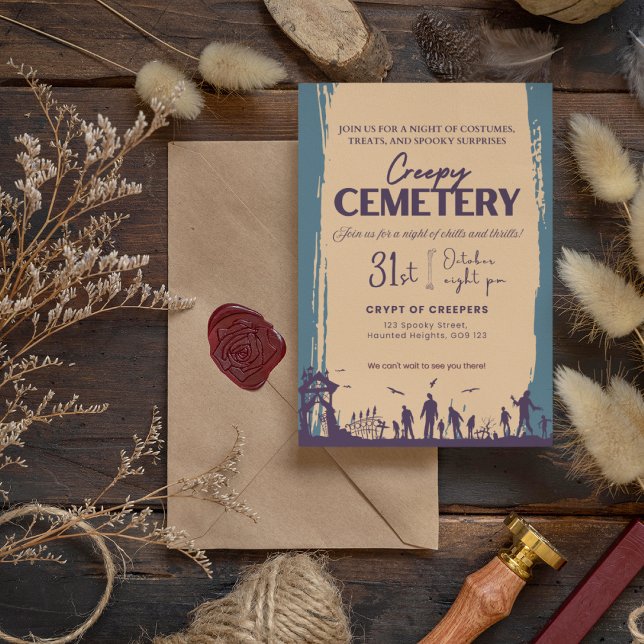 Convites Cemitério assustador violeta com cor-de-rosa (Creepy Cemetery Violet with Peach-Orange Invitation Cover from The Beekeeper Store)