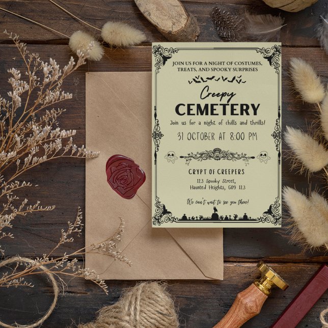 Convites Cemitério Cemitério Escuro Vanilla com Destaque Ne (Creepy Cemetery Dark Vanilla with Black Accent Invitation Cover from The Beekeeper Store)