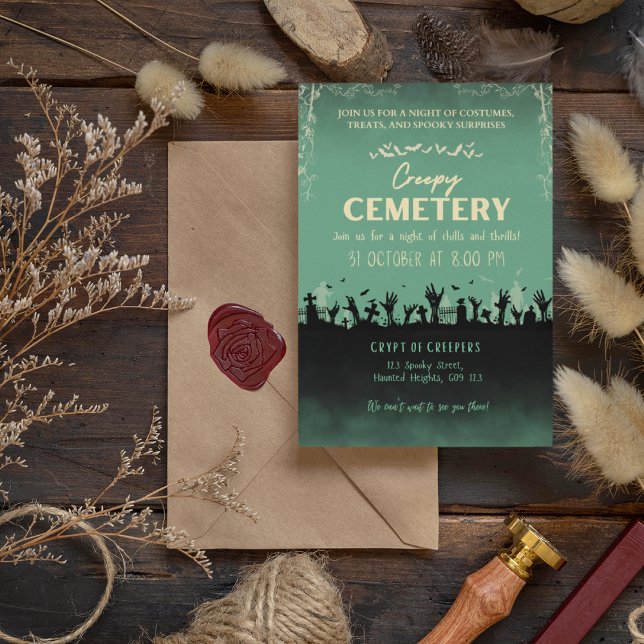 Convites Cemitério Cemitério Polida com Sotaque Louro (Creepy Cemetery Polished Pine with Blond Accent Invitation Cover from The Beekeeper Store)