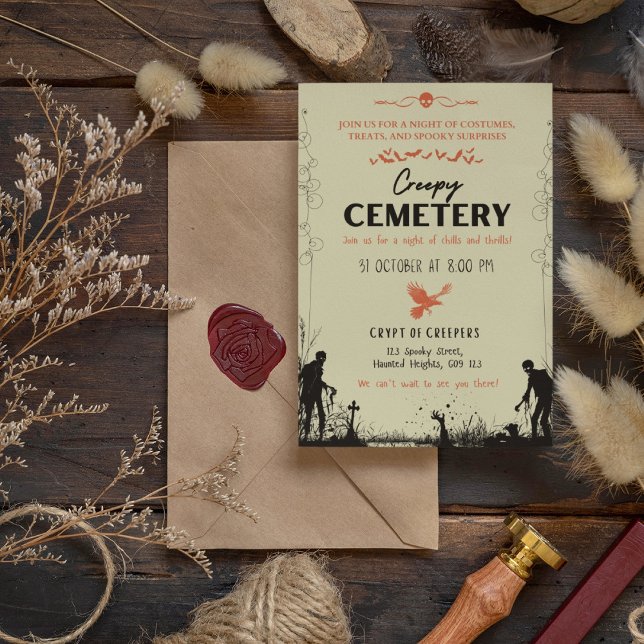 Convites Cemitério Cemitério Vanilla com Destaque Vermilion (Creepy Cemetery Vanilla with Vermilion Accent Invitation Cover from The Beekeeper Store)