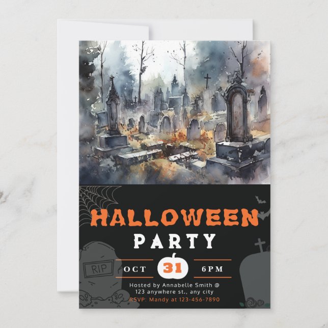 Convites Cemitério Preto de Halloween Assustador e Sinistro (Frente)