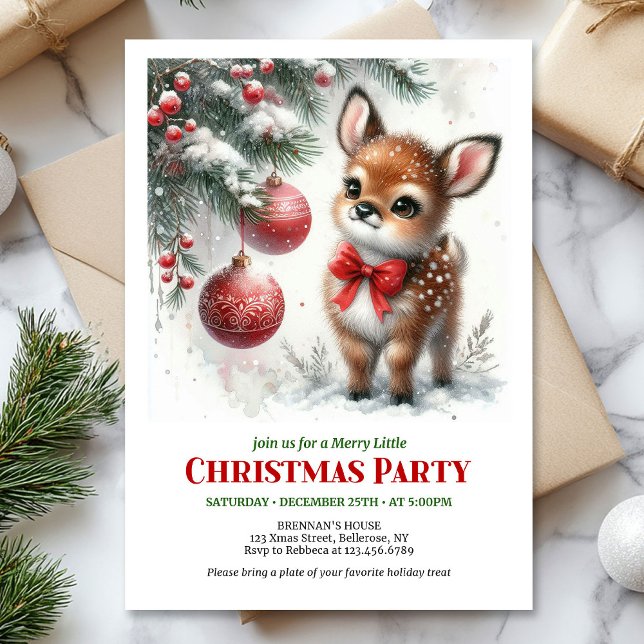 Convites Cena clássica de aquarela de floresta nevada com c (Classic cozy fawn snowy forest watercolor scene Christmas invite

)