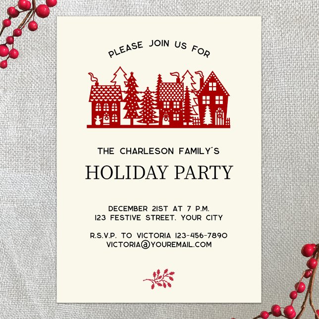 Convites Cena de Aldeia de Natal Moderna Festa de Férias (Modern Christmas Village holiday party invitation with custom text)