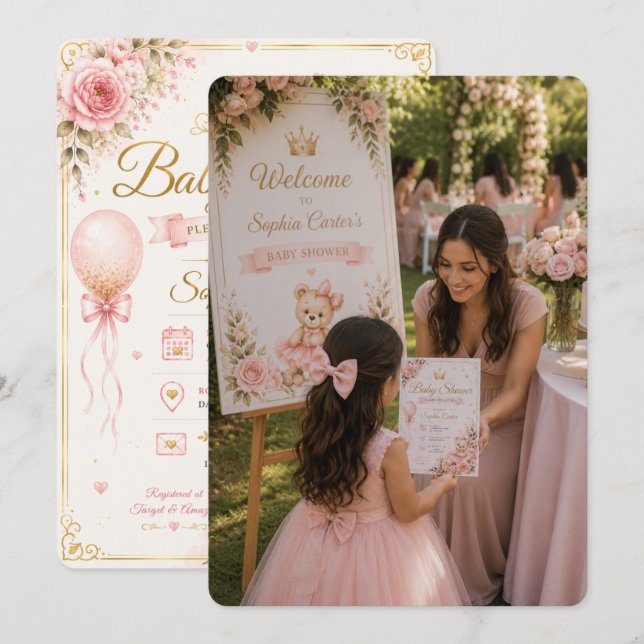 Convites Cena de Boas-Vindas de Chá de Bebê Rosa (Frente/Verso)