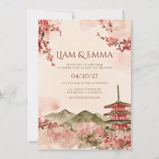 Convites Cena de Casamento no Japão com Montanha e Sakura