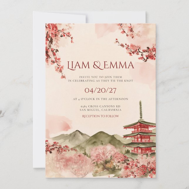 Convites Cena de Casamento no Japão com Montanha e Sakura (Frente)