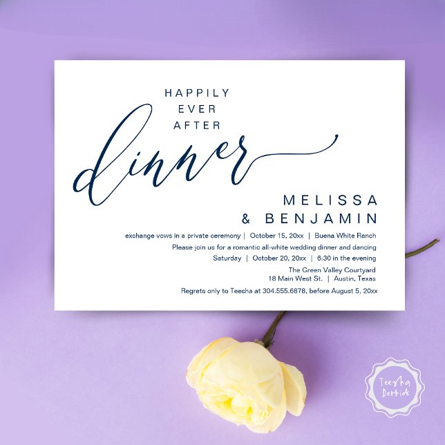 Convites Cena de Casamento Romântico Festa Após Felizes par (Happily Ever After Dinner Modern Romantic Wedding Romantic Party Invitation Card Navy Blue)