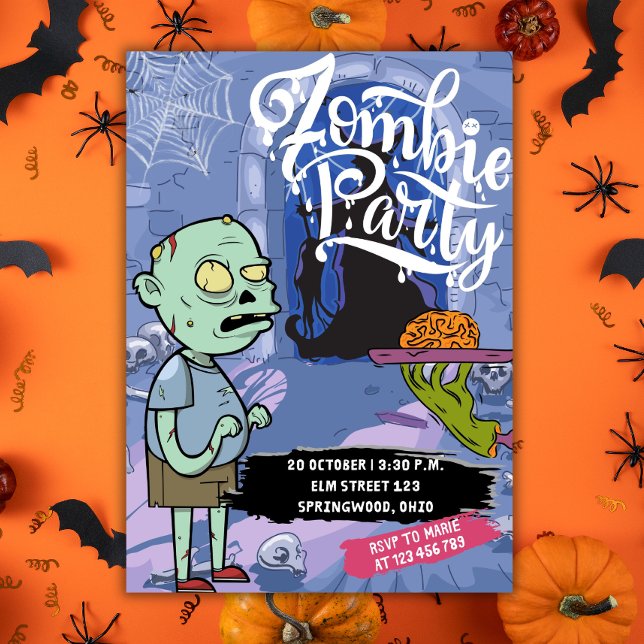 Convites Cena de Halloween Fiesta zombie (zombie invitation, halloween party dinner, brain zombie)