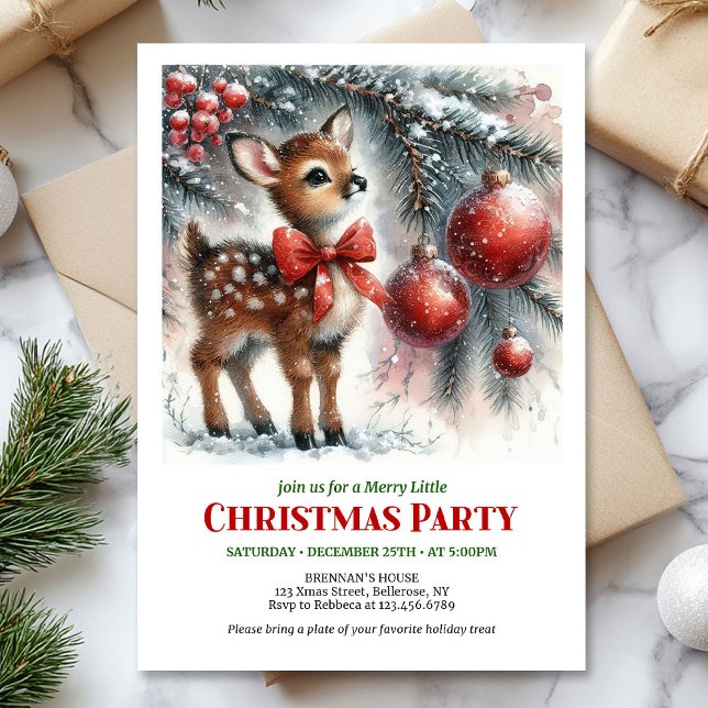 Convites Cena de inverno aconchegante de cervo bebê imprimí (Cozy baby fawn winter scene printable Christmas invite)