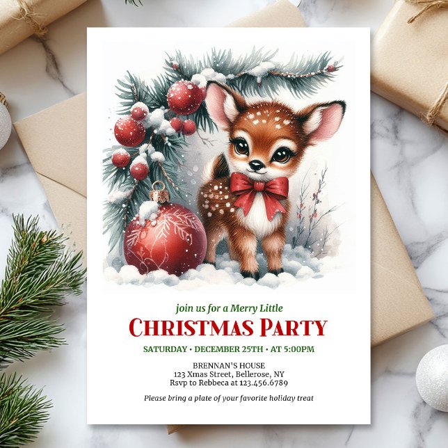 Convites Cena de inverno com cervo bebê editável em aquarel (Snow baby fawn wintery scene watercolor editable invites)