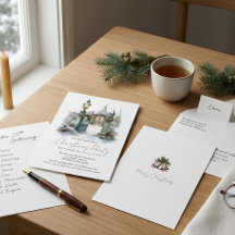 Cena de Inverno com Neve Floresta Pinheiro Aquarel