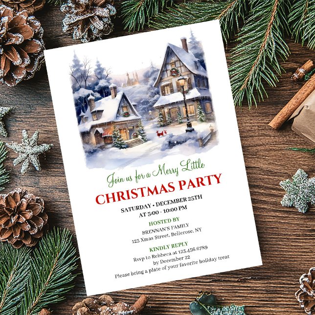 Convites Cena de inverno de uma vila de Natal caprichosa e  (Whimsical cozy Christmas village winter scene invite)