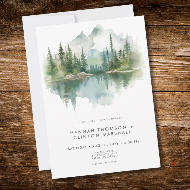 Convites Cena de Lago de Montanha Rústica Casamento Aquarel (Rustic Mountain Lake Scene Watercolor Wedding Invitation)