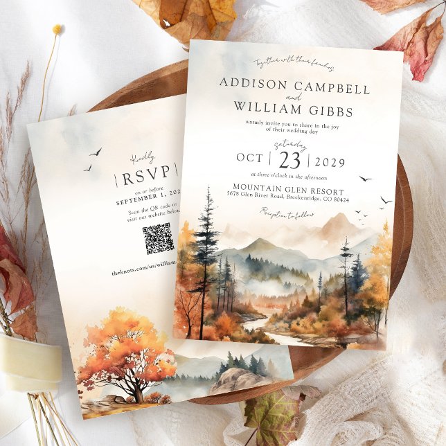 Convites Cena de montanha com árvore de outono em aquarela  (Rustic elegant Fall Trees watercolor forest mountain landscape terracotta QR code wedding invitation)