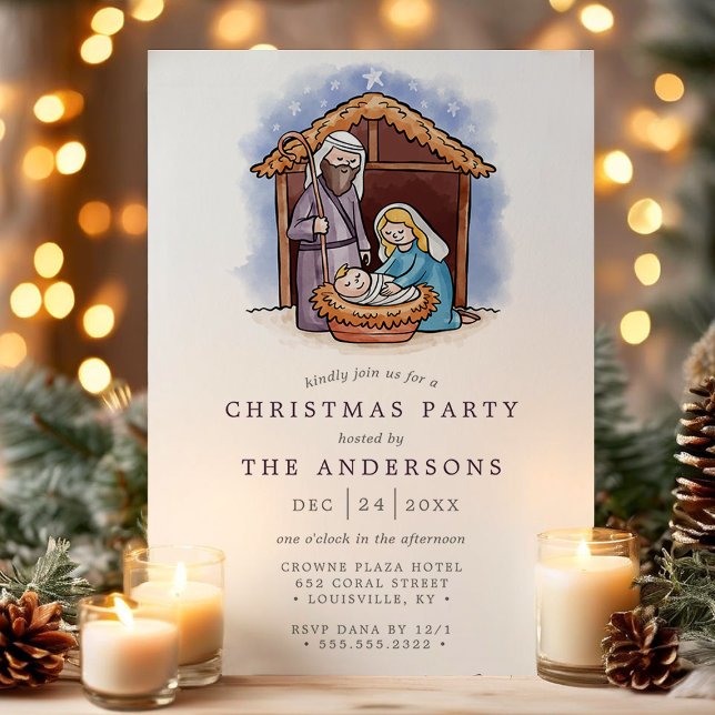 Convites Cena de Natal do Presépio em Aquarela Festa de Nat (Criador carregado)