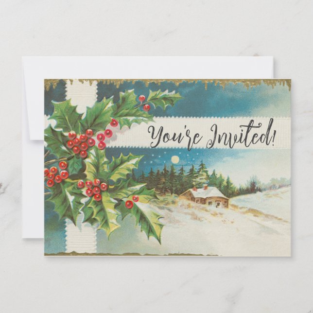 Convites Cena de Natal Holly Snow Winter (Frente)