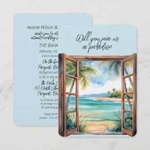 Convites Cena de praia com janela aberta paraíso tropical 