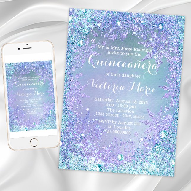 Convites Cena de Quinze Anos do Inverno Congelado Roxo e Az (Winter wonderland birthday party invitation. Any number birthday and event invitation. )