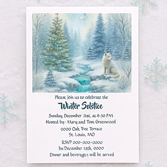 Convites Cena do Solstício de Inverno com Cena de Neve com  (Winter Solstice invitation with forest wolf, lantern glow, celestial accents and seasonal gatherings)