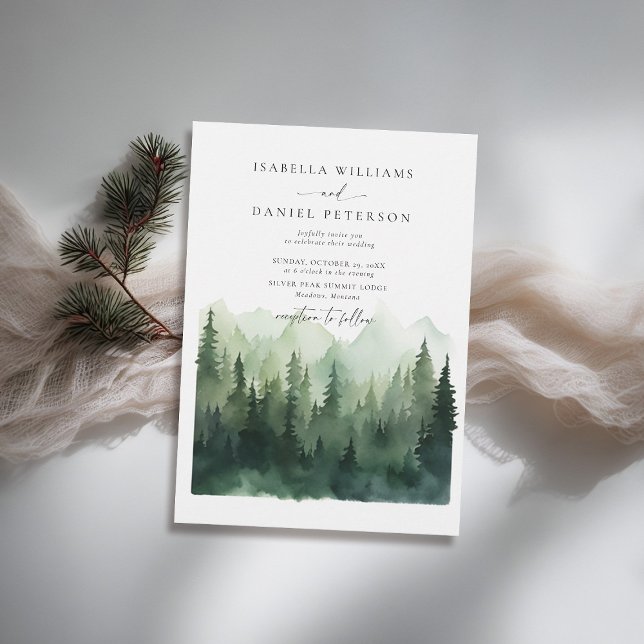 Convites Cena Florestal Montanhosa Casamento Rústico ao Ar  (mountains wedding invitation rustic outdoors forest pine scene watercolor elegant modern classy)