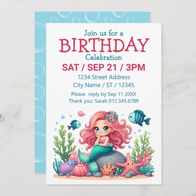 Convites Cena Fofa e Caprichosa de Sereia e Amigos Peixes (Frente/Verso)