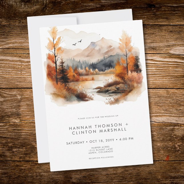 Convites Cena Rústica de Casamento de Montanha de Outono em (Rustic Fall Mountain Scene Watercolor Wedding)