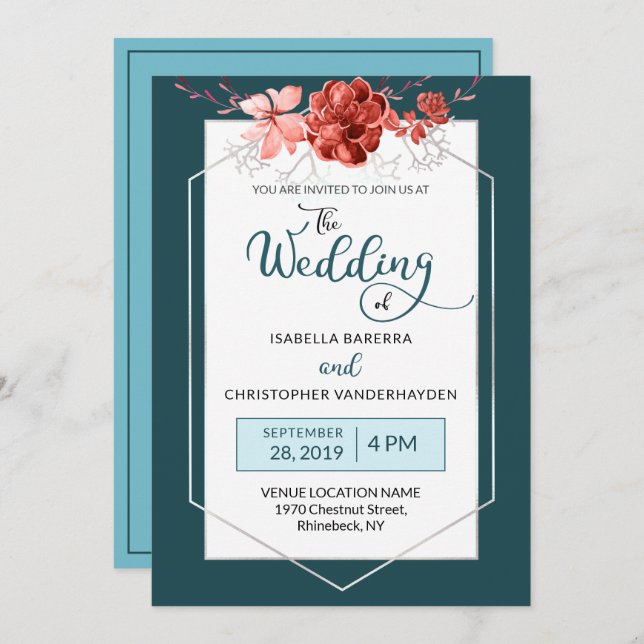 Convites Cerceta 2019 & casamento geométrico floral coral (Frente/Verso)