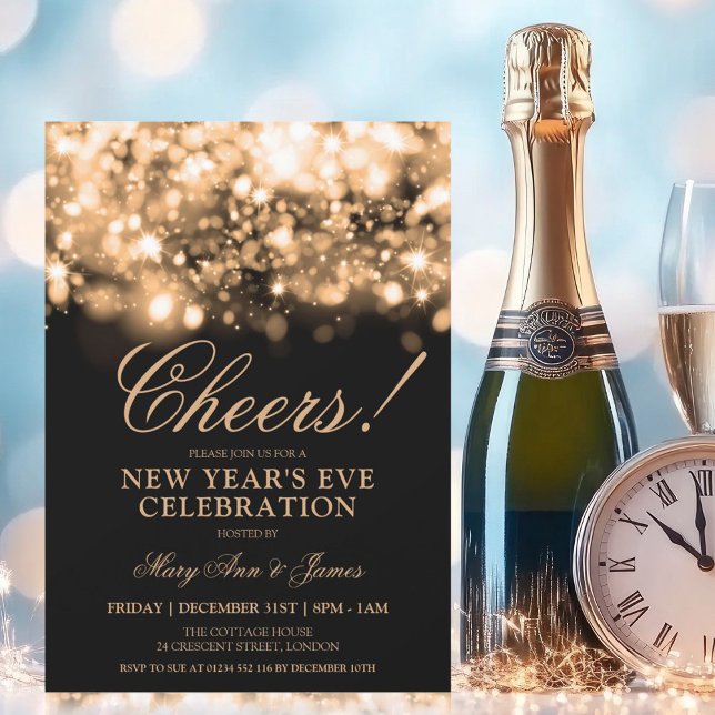 Convites CÉREBROS! Luzes Sparkle Douradas de véspera de ano (CHEERS! New Years Eve Party Gold Sparkle Lights Invitation)