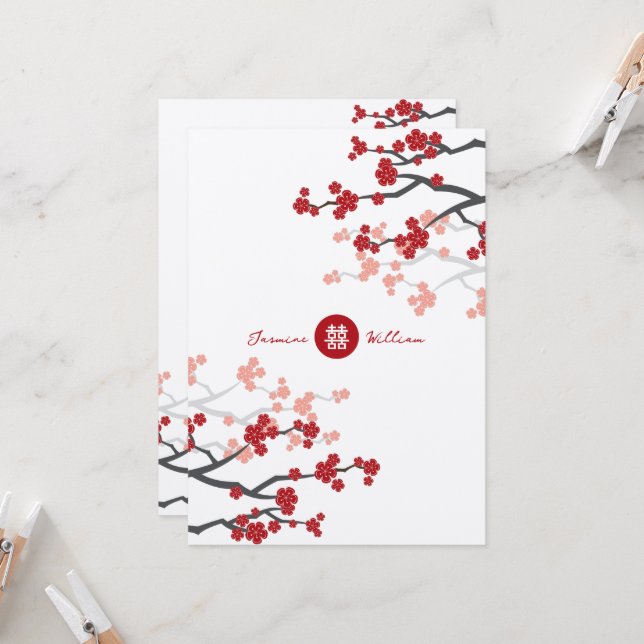 Convites Cereja Blossoms e Felicidade Dupla Casamento Chinê (Frente/Verso In Situ)