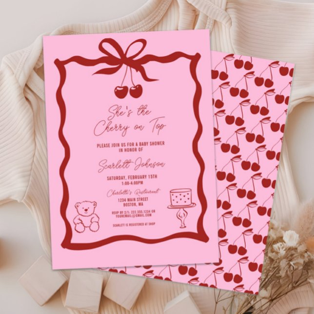 Convites Cereja branca no alto, rosa e Chá de fraldas verme (She's the Cherry on Top Baby Shower Invitation, It's a Girl, Pink and Red, Hand Drawn, Bow, Chic)