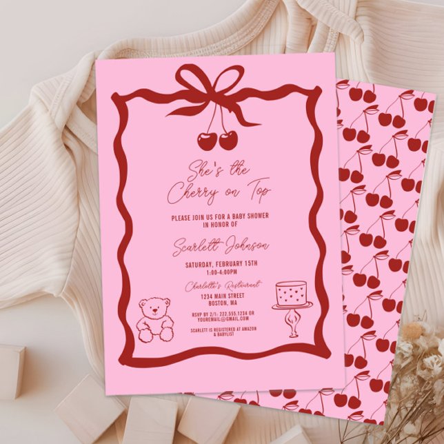 Convites Cereja no Arco superior, rosa e Chá de fraldas ver (She's the Cherry on Top Baby Shower Invitation, It's a Girl, Pink and Red, Hand Drawn, Bow, Chic)