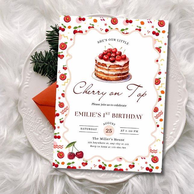 Convites Cereja no Topo Aniversário de 1 ano Tema de Bolo d (Criador carregado)