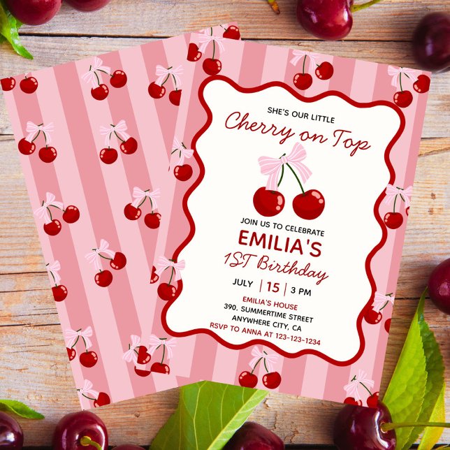 Convites Cereja No Topo Da Garota Rosa Arco De Coquette, An (Cherry on Top First Birthday Invitation for Girls with Pink Bow and Fruit Theme)