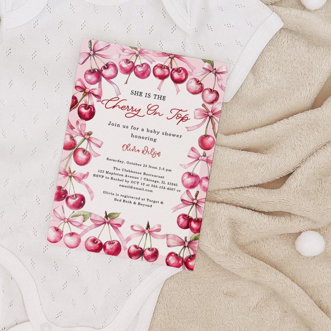 Convites Cereja no topo Framboesas de arco Rosa Chá Bebê (Cherry Baby Shower Invitation – Pink Bow & Berries Coquette Girl Baby Shower Invite)