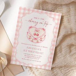 Convites Cereja no Topo Gingham Rosa Aniversário de 1 ano