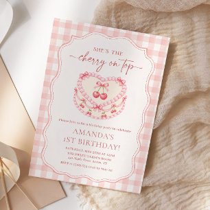 Convites Cereja no Topo Gingham Rosa Aniversário de 1 ano