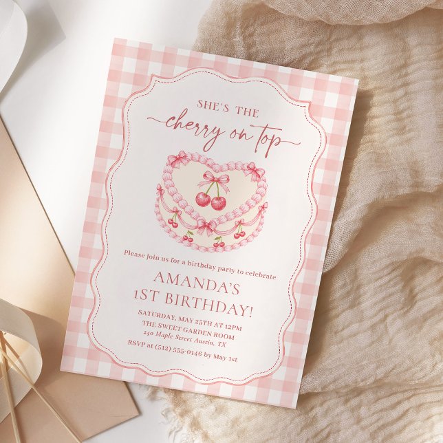 Convites Cereja no Topo Gingham Rosa Aniversário de 1 ano (Criador carregado)