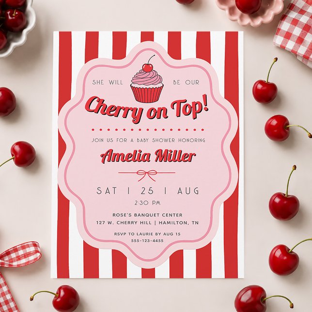 Convites Cereja Retro no Topo do Chuveiro de Bebê Listrado (Retro Cherry on Top Baby Shower Striped Invitation)