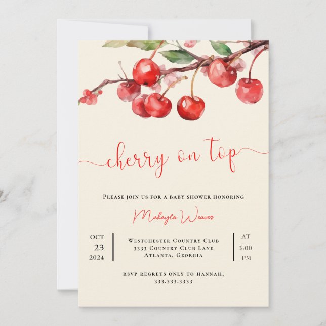 Convites Cereja vermelha no Top Baby Girl Chá Invance (Frente)