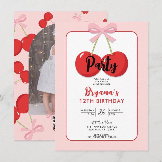 Convites Cerejas Vermelhas com Arco Rosa Coquette Aniversár (Frente/Verso)