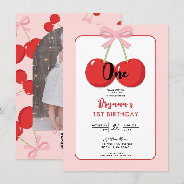 Convites Cerejas Vermelhas com Arco Rosa Coquette Aniversár (Frente/Verso)