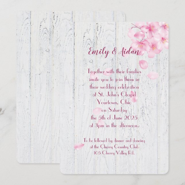 Convites cerejeiras cor-de-rosa em madeira casamento (Frente/Verso)