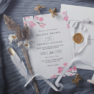 Convites Cerejeiras Rosa Elegante Chique Código QR Casament