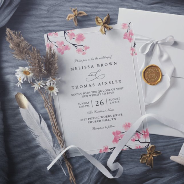 Convites Cerejeiras Rosa Elegante Chique Código QR Casament (Criador carregado)