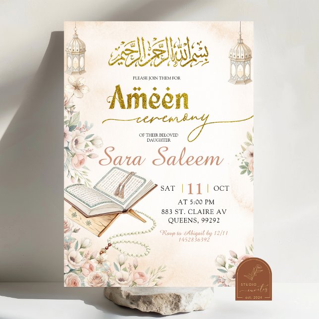 Convites Cerimônia Boho Beige Floral Ameen (Criador carregado)