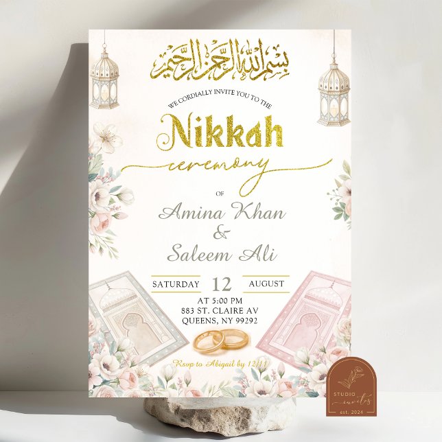 Convites Cerimônia Boho Beige Floral Ameen (Criador carregado)